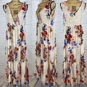 Raga Semi Sheer Floral Print Plunge Front Multi Tier Maxi